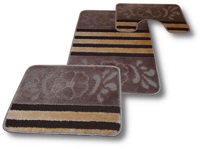 Barna - bézs csíkos mintás <br/>3 részes fürdőszoba szőnyeg szett